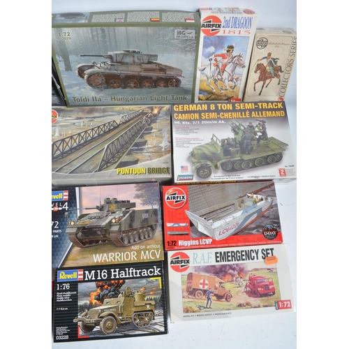 107 - Collection of unbuilt plastic armour and figure model kits, various scales and manufacturers to incl... 