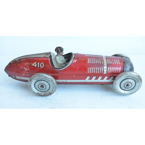 174 - Vintage Chad Valley clockwork pressed steel lithographed racing car 410 in fair condition for age. N... 