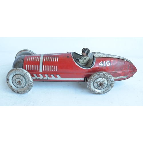 174 - Vintage Chad Valley clockwork pressed steel lithographed racing car 410 in fair condition for age. N... 