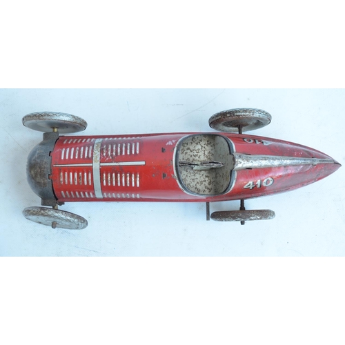 174 - Vintage Chad Valley clockwork pressed steel lithographed racing car 410 in fair condition for age. N... 