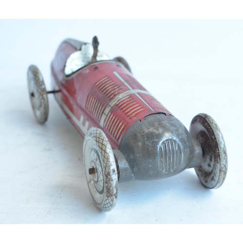 174 - Vintage Chad Valley clockwork pressed steel lithographed racing car 410 in fair condition for age. N... 