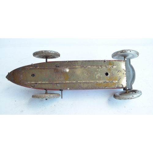 174 - Vintage Chad Valley clockwork pressed steel lithographed racing car 410 in fair condition for age. N... 