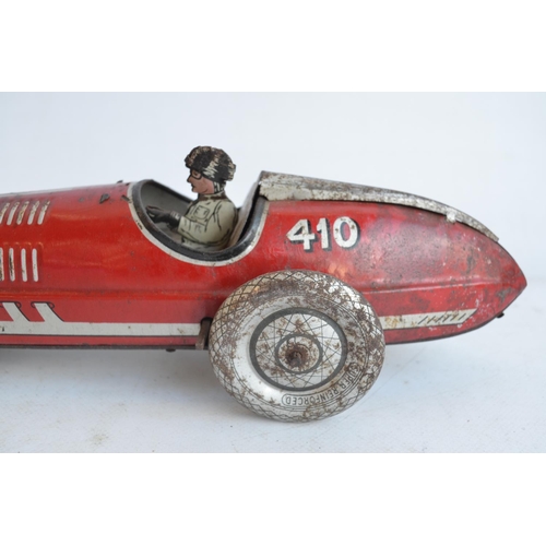 174 - Vintage Chad Valley clockwork pressed steel lithographed racing car 410 in fair condition for age. N... 