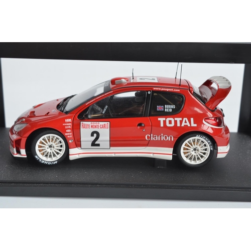 187 - Autoart 1/18 scale highly detailed Peugeot 206WRC, Burns and Reid Rallye Monte Carlo 2003, model in ... 