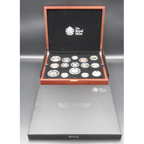 757 - The Royal Mint United Kingdom 2014 Premium proof coin set, a fifteen-coin set in fitted issue case w... 