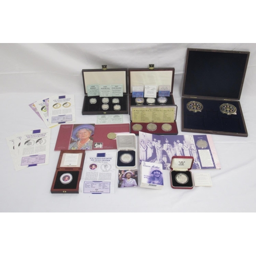 716 - Small wood case cont. The Queen Mother Centenary Collection $10 Fiji & £2 Falkland Islands, HM Queen... 