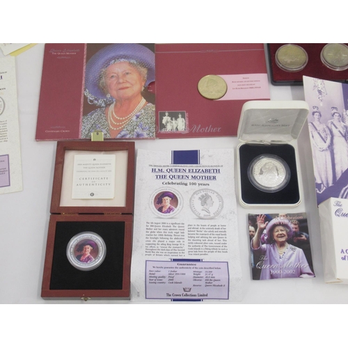 716 - Small wood case cont. The Queen Mother Centenary Collection $10 Fiji & £2 Falkland Islands, HM Queen... 