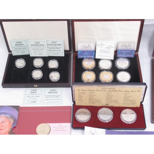 716 - Small wood case cont. The Queen Mother Centenary Collection $10 Fiji & £2 Falkland Islands, HM Queen... 