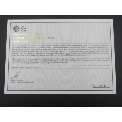 756 - The Royal Mint United Kingdom 2014 Premium proof coin set, a fifteen-coin set in fitted issue case w... 