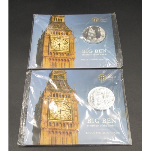 712 - Royal Mint - 2 Big Ben Heartbeat of the Nation 2015 UK £100 fine silver coins, both in original pack... 