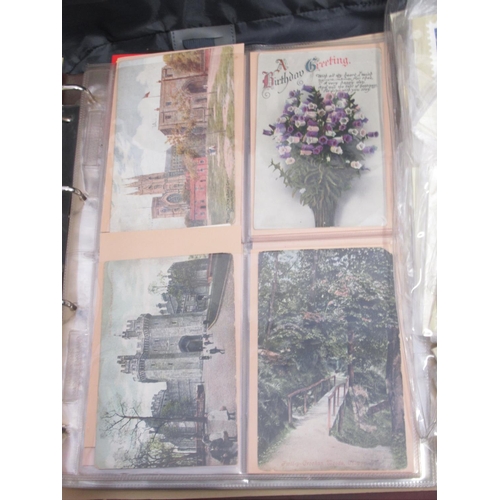 843 - Purple suitcase cont. an assorted collection of postcards, stamps covers, etc. both loose and in fol... 