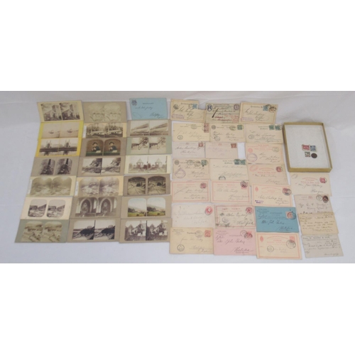 849 - 25 early c20th postcards with used German and British stamps, 3 loose stamps (1 Queen Victoria, 2 US... 