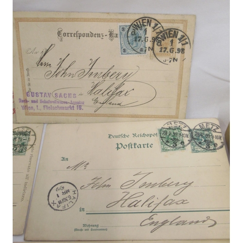 849 - 25 early c20th postcards with used German and British stamps, 3 loose stamps (1 Queen Victoria, 2 US... 