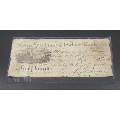 789 - Collection of assorted British bank notes to inc. Stockton Cleveland Bank £5 28th Oct. 1817 bank not... 