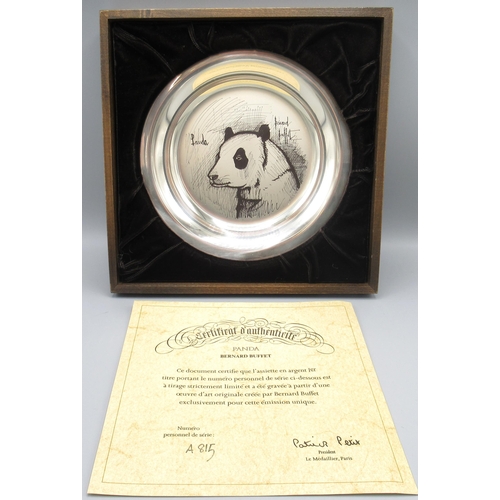 1041 - Bernard Buffet sterling silver Panda plate, stamped 925, C.1974, boxed with certificate, D20cm, 6.7o... 