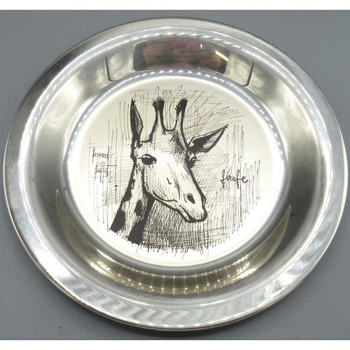 1042 - Bernard Buffet sterling silver Giraffe plate, stamped 925, C.1975, boxed with certificate, D20cm, 7.... 