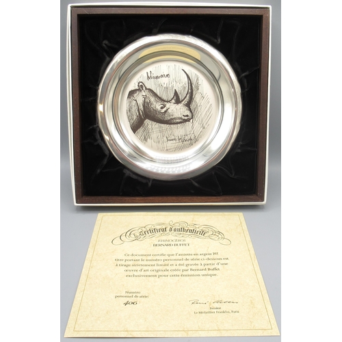 1044 - Bernard Buffet sterling silver Rhino plate, stamped 925, boxed with certificate, D20cm, 6.5ozt