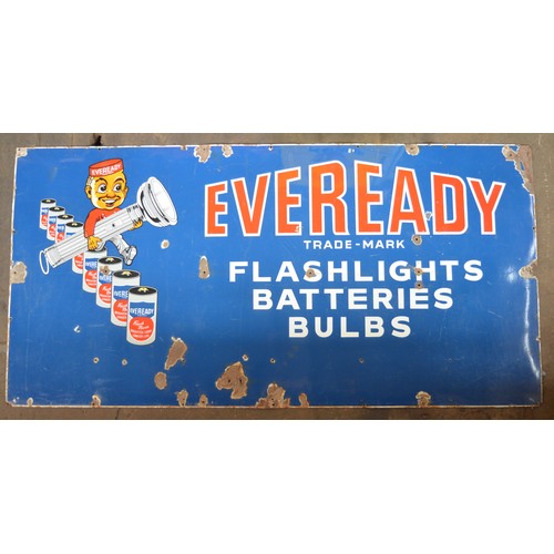 916 - Large enamel steel plate advertising sign for Eveready Flashlights, Batteries and Bulbs, 182.5x91.2c... 