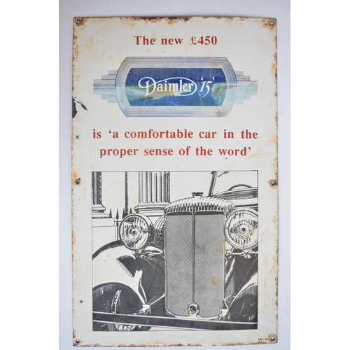 919 - Enamel steel plate advertising sign for The New £450 Daimler 15, 38x61cm