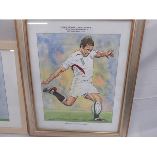 947 - 2 original watercolours by Stuart Smith of 'Jonny Wilkinson About To Kick the Winning Drop Goal in 2... 