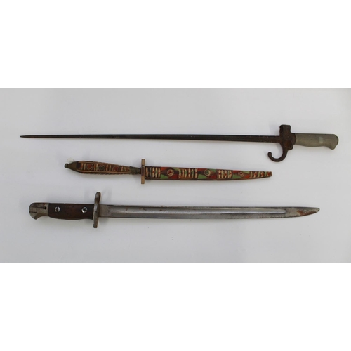 1090 - Lee-Enfield 1907 pattern bayonet. French model 1886 Lebel Bayonet. Tribal knife with wooden handle a... 