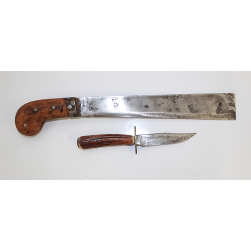 1091 - Indonesian Parang with wooden hilt and leather sheath. A small English hunting knife with antler han... 