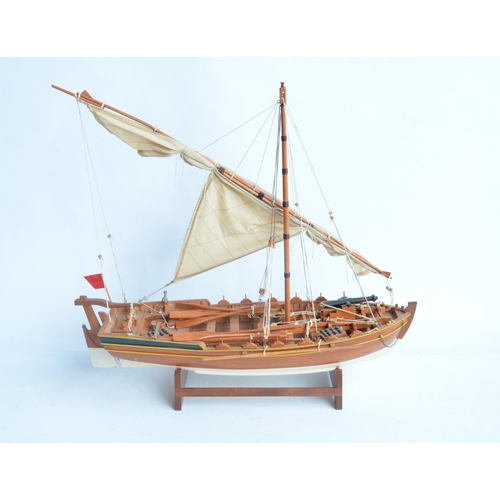 259 - Well constructed wooden plank on frame static model of a Napoleonic Wars era 12 oar British gunboat ... 