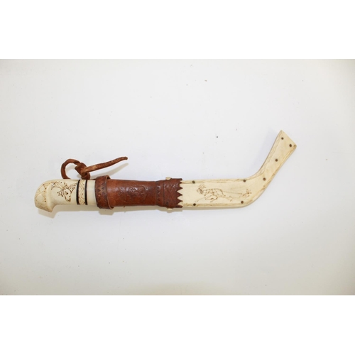 1102 - Circa 19th century traditional Lapland Sami Knife, with Reindeer bone handle and sheath, with metal ... 