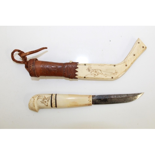 1102 - Circa 19th century traditional Lapland Sami Knife, with Reindeer bone handle and sheath, with metal ... 