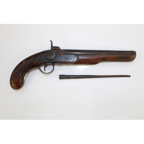 1108 - Circa 19th-century percussion cap pistol (unmarked), Complete with original ram rod. Brass trigger g... 