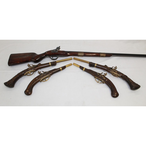 1113 - Home Guard Lee Enfield dummy rifle for drill practice. Set of four reproduction flint lock pistols a... 