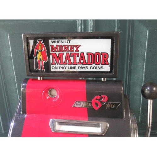 273 - Money Matador One Armed Bandit Slot Machine, H82cm W48.5cm D45cm , in working order, on a oak 2 draw... 