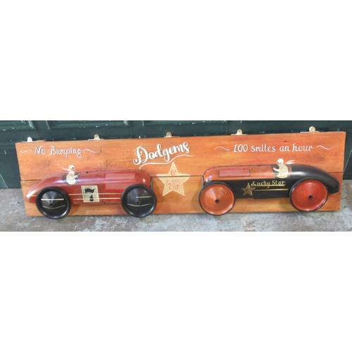 277 - 'No Bumping Dodgems 100 Smiles an Hour' car diorama on 2 plank frame, 180cm x 43.5cm