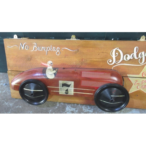 277 - 'No Bumping Dodgems 100 Smiles an Hour' car diorama on 2 plank frame, 180cm x 43.5cm