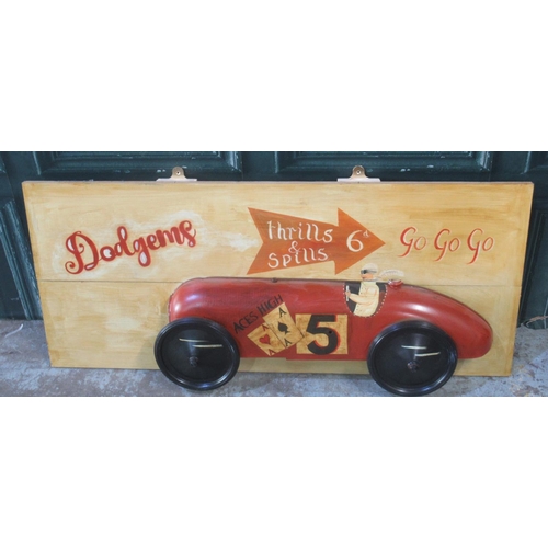 278 - 'Dodgems thrills & spills 6d Go Go Go' diorama on plank frame, 110.5cm x 47.3cm