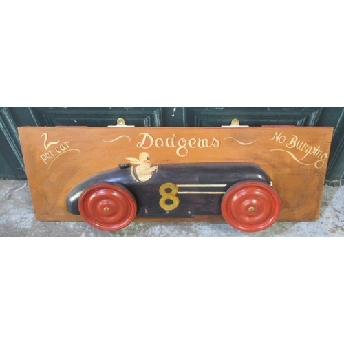 279 - '2 per car Dodgems No Bumping' diorama on plank frame, 107cm x 36.5cm