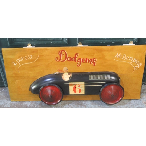 281 - '2 per car Dodgems No Bumping' diorama on plank frame, 110.5cm x 47cm