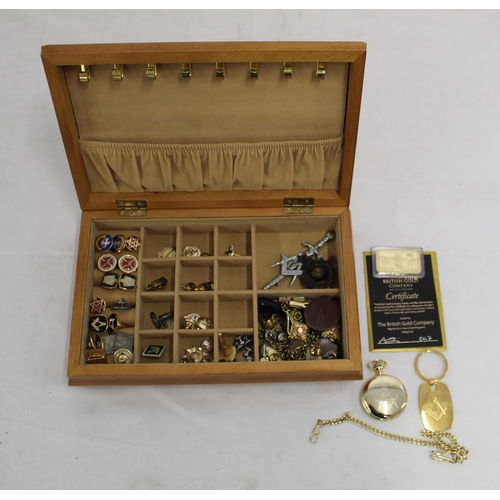 1123 - Large collection of Masonic badges, cufflinks, a pocket watch with chain, a keyring, a 24k gold-plat... 