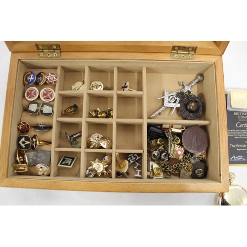 1123 - Large collection of Masonic badges, cufflinks, a pocket watch with chain, a keyring, a 24k gold-plat... 