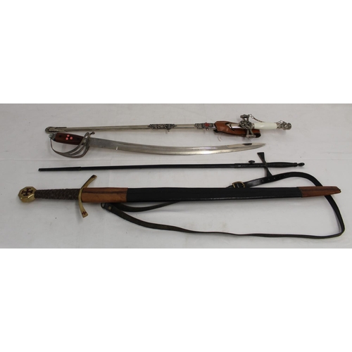 A collection of four reproduction swords, of various styles and eras.