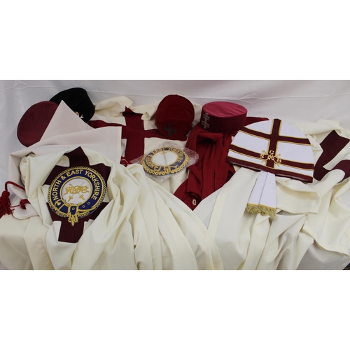 Collection of Masonic regalia, primarily robes and headdress, including ...