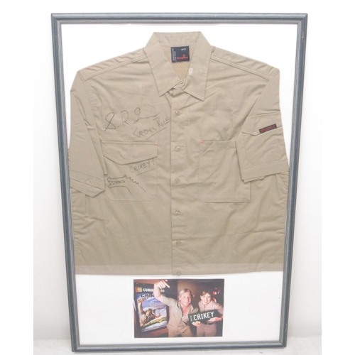 868 - Framed signed Steve Irwin shirt, with COA from Personal Assistant to Steve Irwin, 62.6cm x 93.5cm