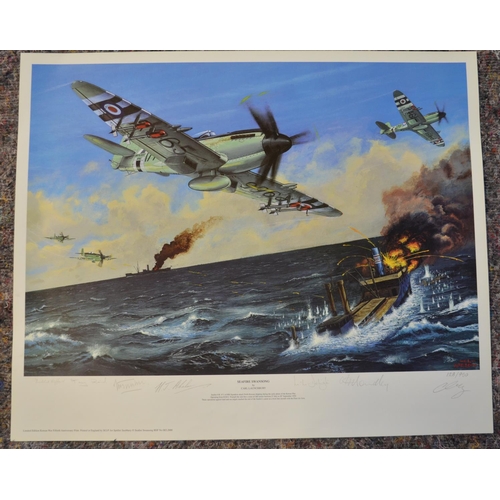 1149 - Five limited edition aviation prints, all signed in pencil by the artists, most with signatures of f... 