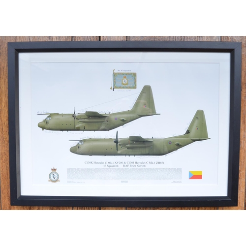 1155 - Two framed military prints to include C130K Hercules of 47 sqn, extensively crew signed from Squadro... 