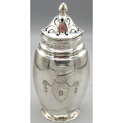 1052 - George V silver sugar caster with engraved urn and swag decoration by Edward Barnard & Sons Ltd, Lon... 