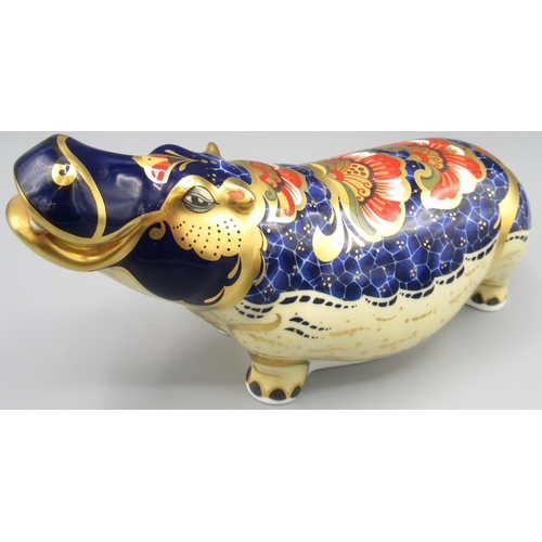 1243 - Royal Crown Derby hippopotamus paperweight, gold stopper, with box, no certificate, L20cm