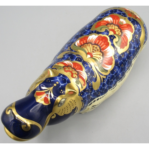 1243 - Royal Crown Derby hippopotamus paperweight, gold stopper, with box, no certificate, L20cm