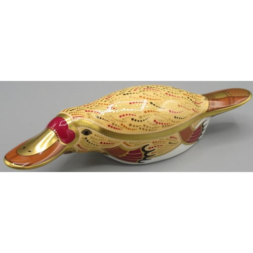 1247 - Royal Crown Derby duckbilled platypus paperweight, gold stopper, with box, L16cm