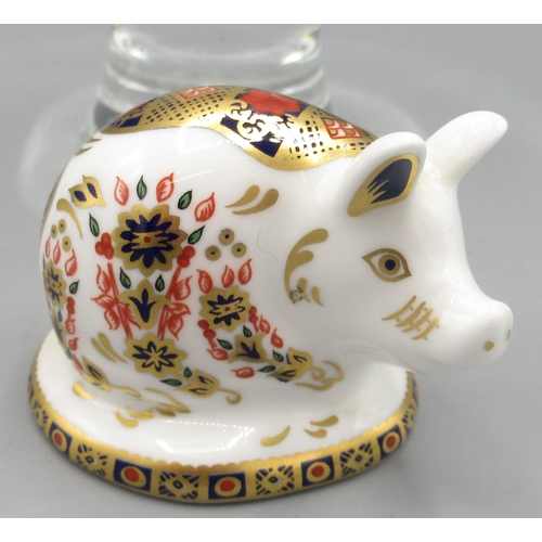 1248 - Royal Crown Derby piglet paperweight, silver stopper, H5cm, and a Caithness engraved crystal York ch... 