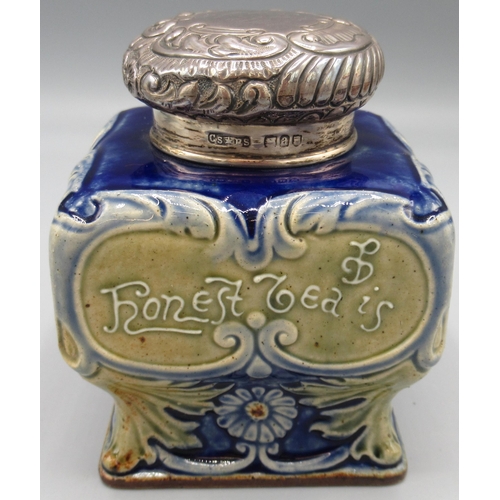 Doulton Lambeth silver mounted, stoneware tea caddy, by John Broad and assisted by Emma A Burrows 1896, decorated in relief with floral and leaf designs and scroll boarders, W8cm